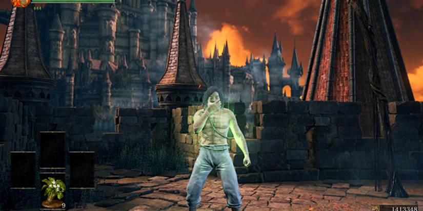 player using a budding green blossom to recover stamina quickly.