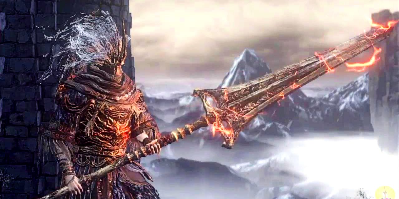 player holding the boss weapon which is a big spear.