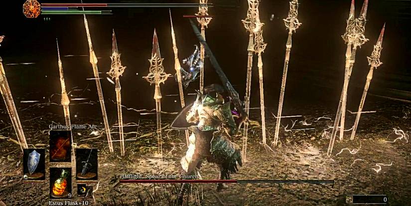 player fighting halflight with a greatsword while wearing heavy armor.