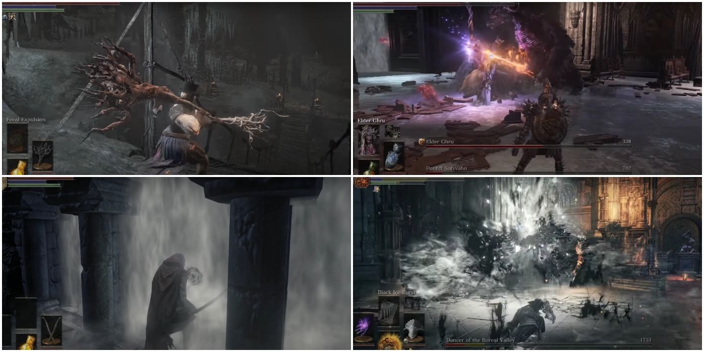 screen shots of different mods: cinders mod, fog wall randomizer, pokesouls, and convergence mod.