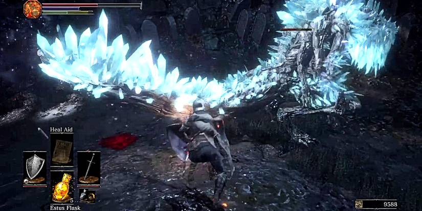 miniboss that is a large reptile with blue crystals.