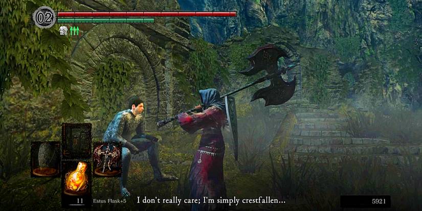 player talking to the crestfallen warrior while holding a huge axe.