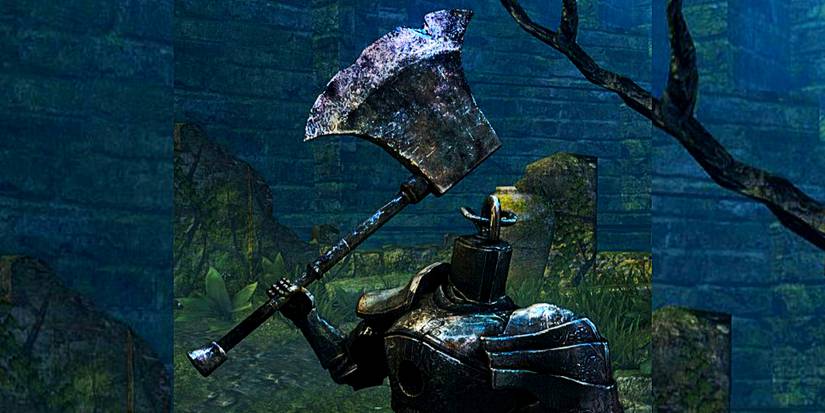 player in the iron golem armor holding up the big metal axe.