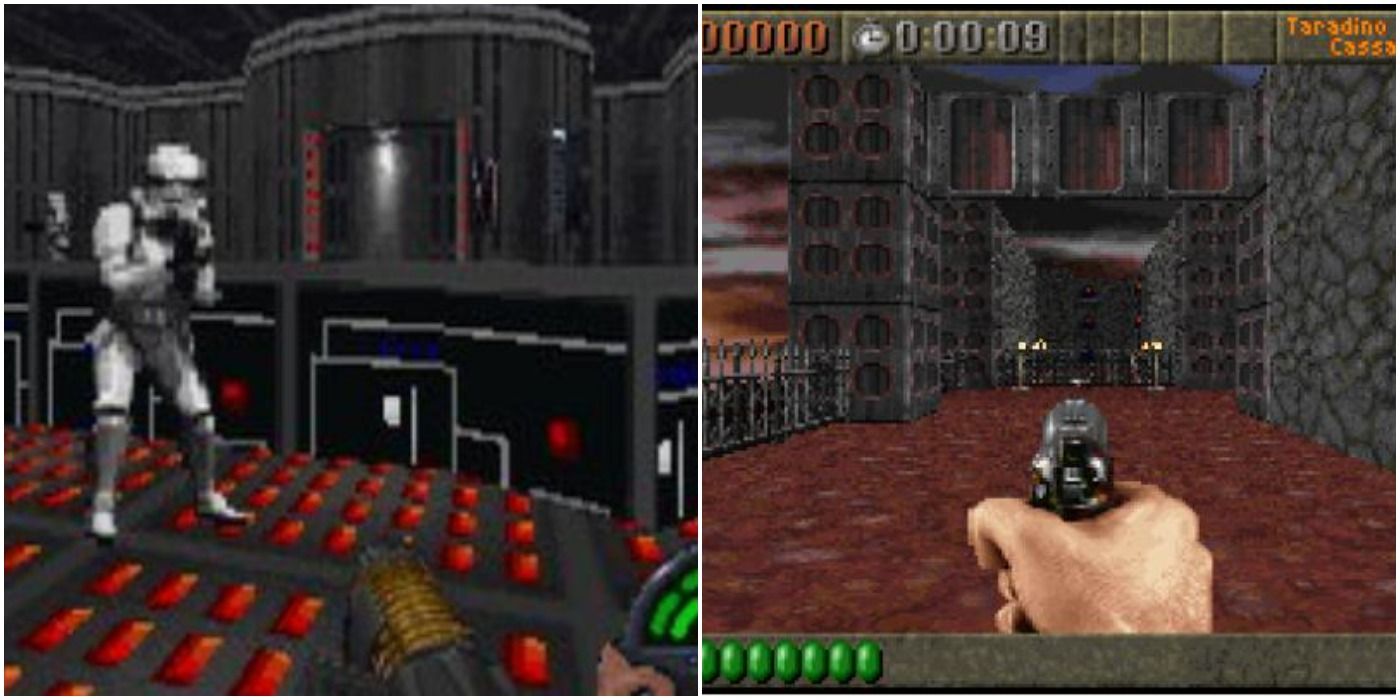 (Left) Stormtrooper in Star Wars: Dark Forces (Right) FPS gameplay in Rise of the Triad