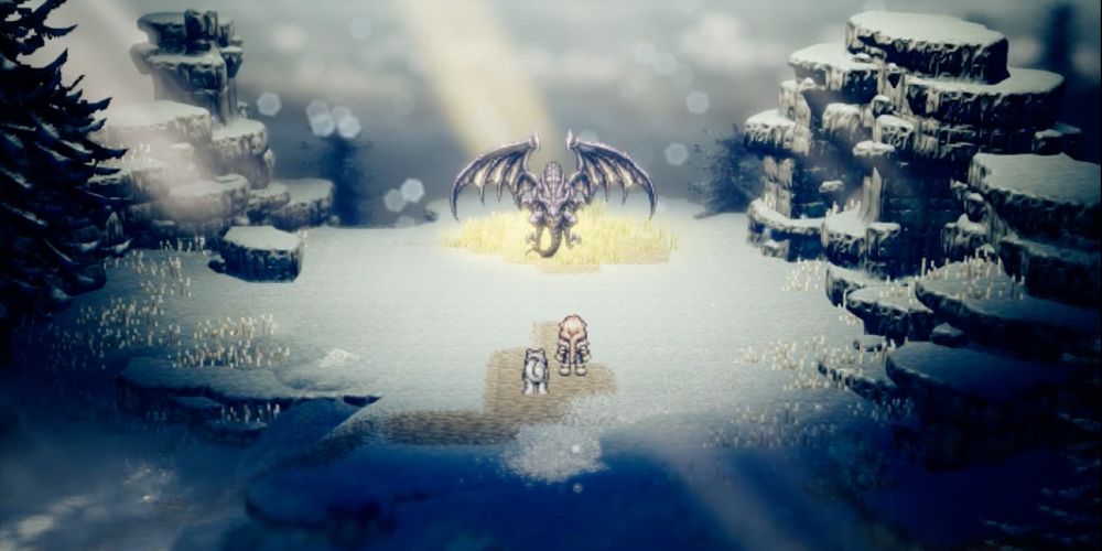 H'aanit facing a dragon in Octopath Traveler