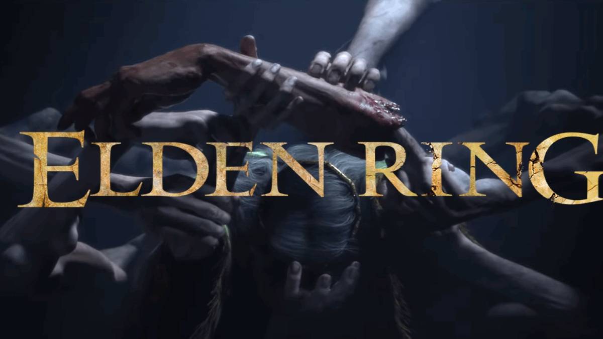 elden ring logo with people raising arm