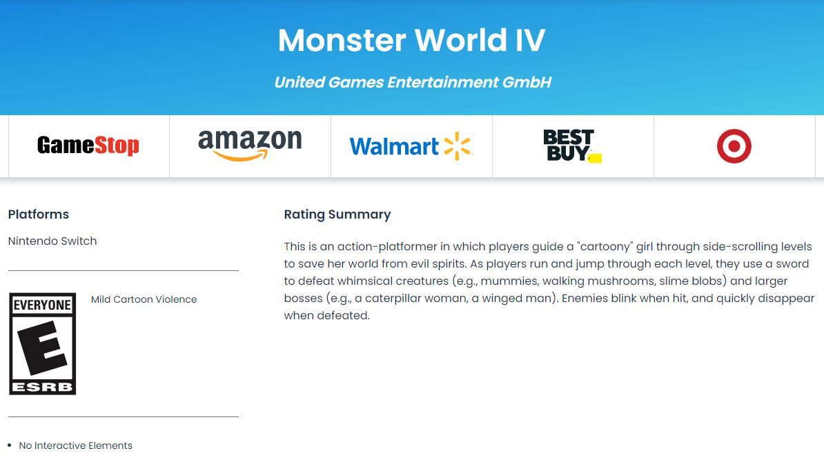 esrb monster world 4 rating