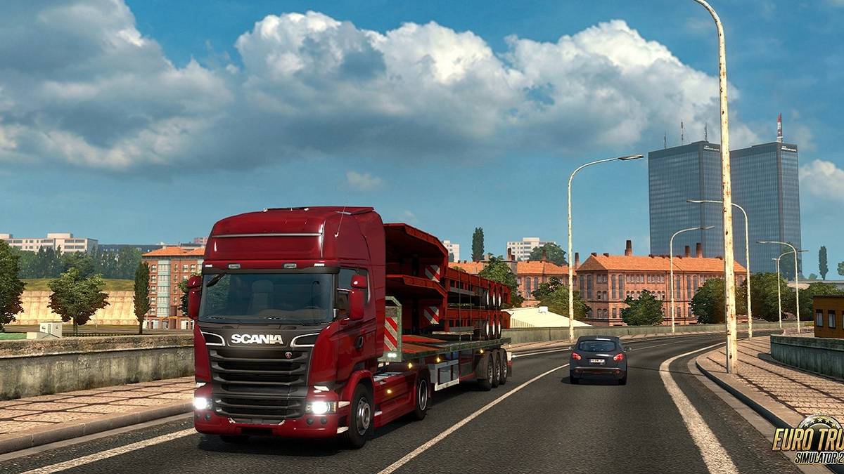 Screenshot from Euro Truck Simulator 2 showing a red Scania truck/