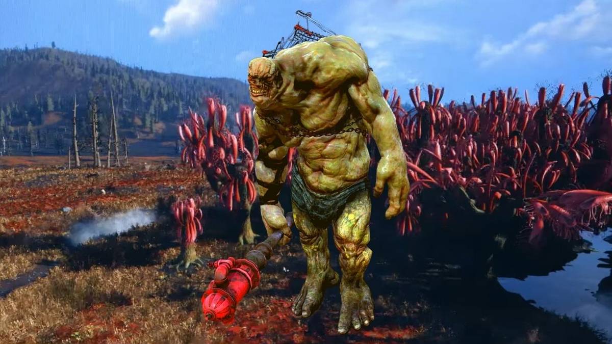 fallout 76 cranberry bog with behemoth in foreground