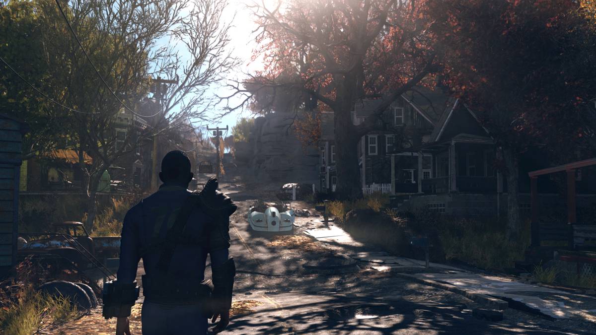 lone wanderer from vault walking through destroyed street