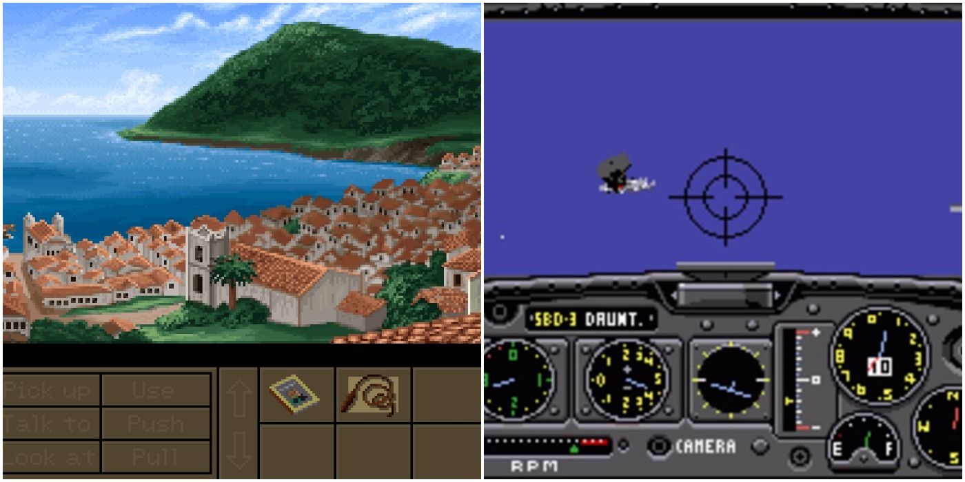 (Left) City in Indiana Jones and the Fate of Atlantis (Right) Battlehawks 1942 gameplay