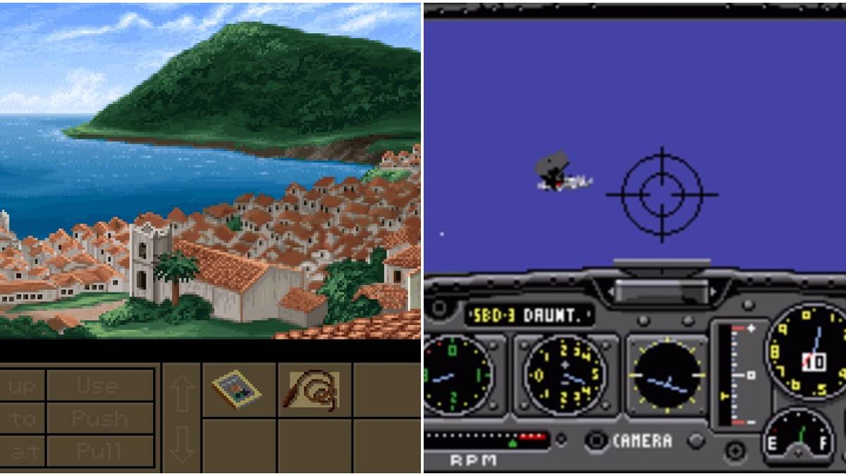 (Left) City in Indiana Jones and the Fate of Atlantis (Right) Battlehawks 1942 gameplay