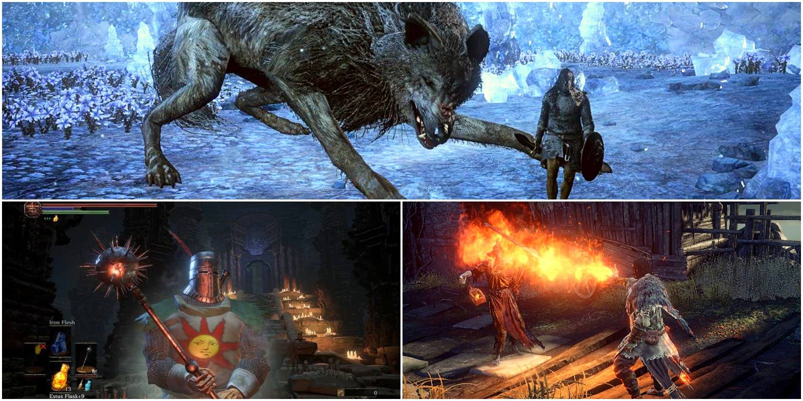 champion's gravetender and gravetender greatwolf, player holding a spiked mace, and a player using a pyromancy fire spell.