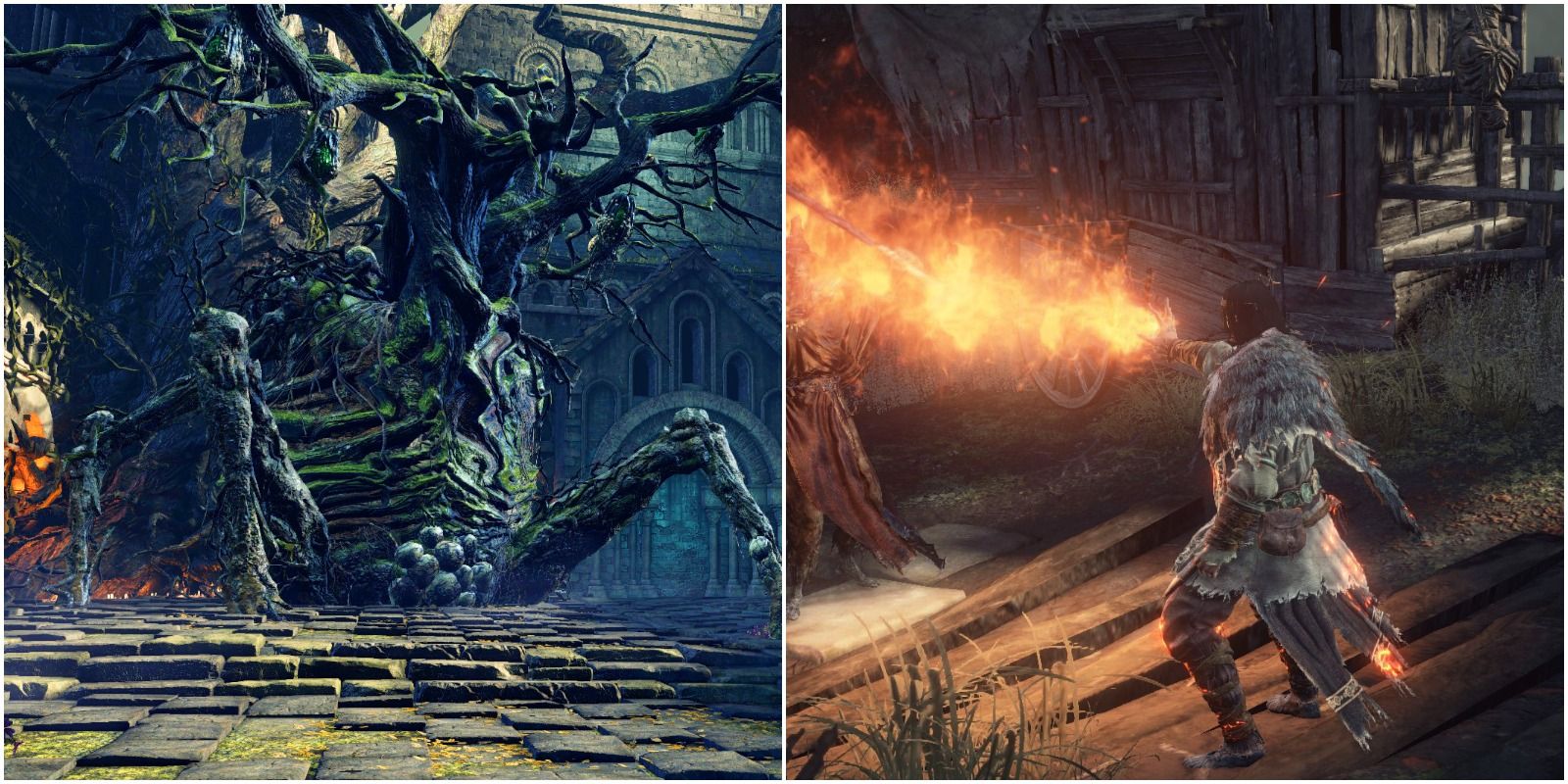 the tree boss and a pyromancer using flame surge.