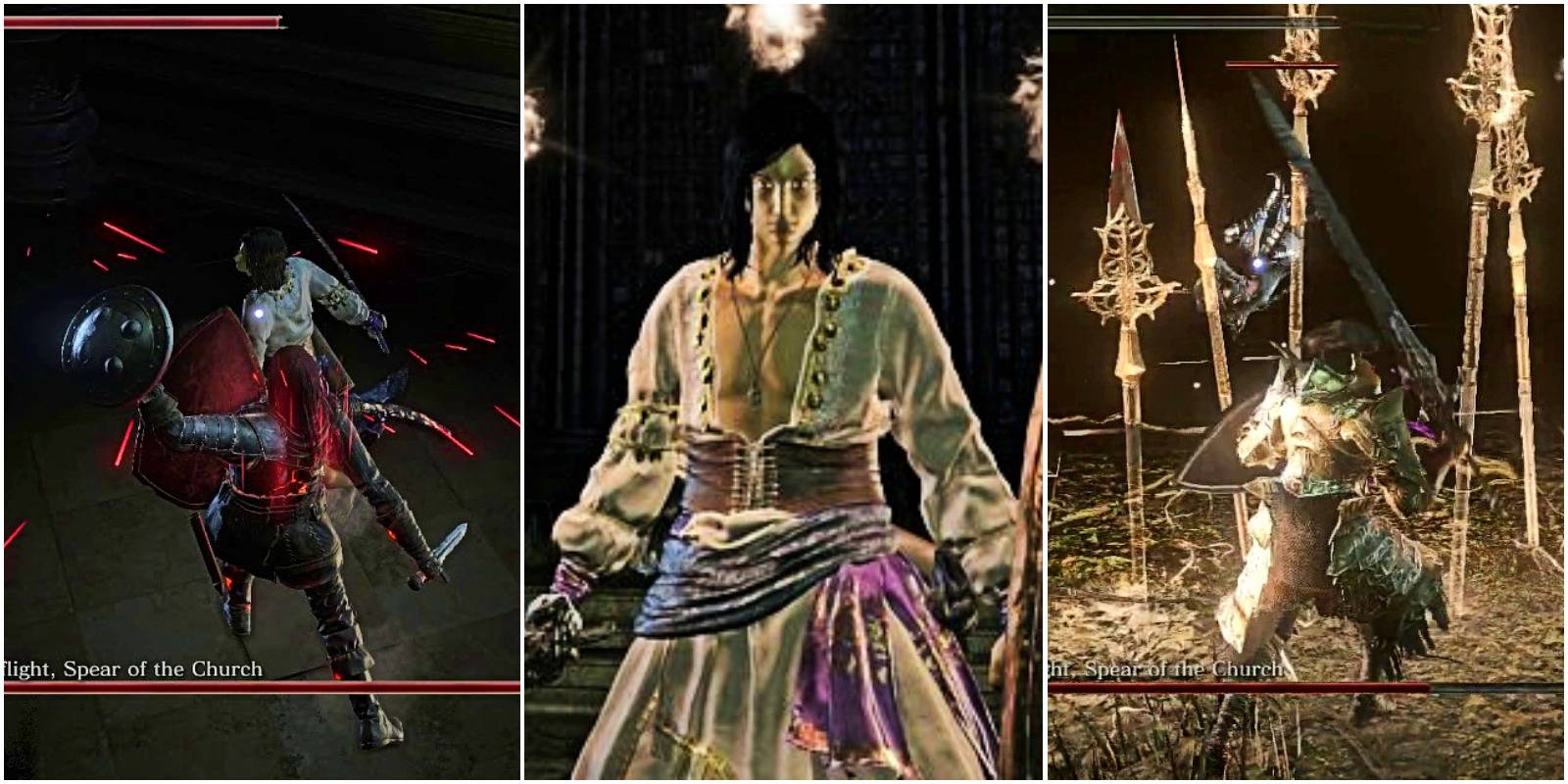 player parrying halflight, close up of the boss, and player fighting halflight spear of the church in heavy armor.