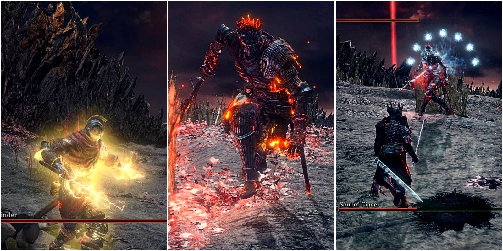 player casting a lightning spell, the soul of cinder, and the sould of cinder in mage mode.