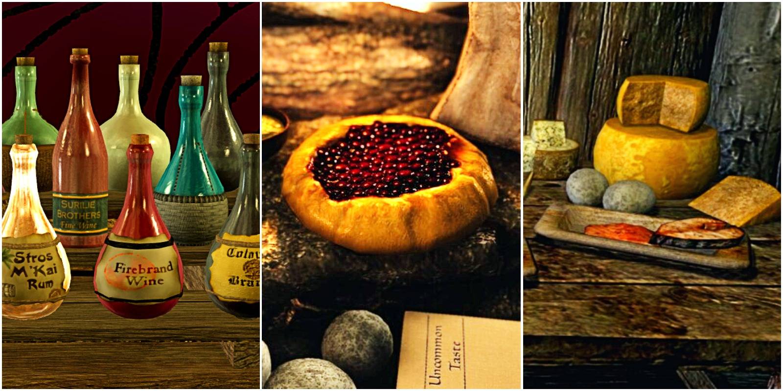 wines, snowberry crostata, and some cheeses on a table.