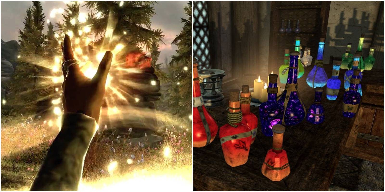 casting a restoration spell and a table with many potions.