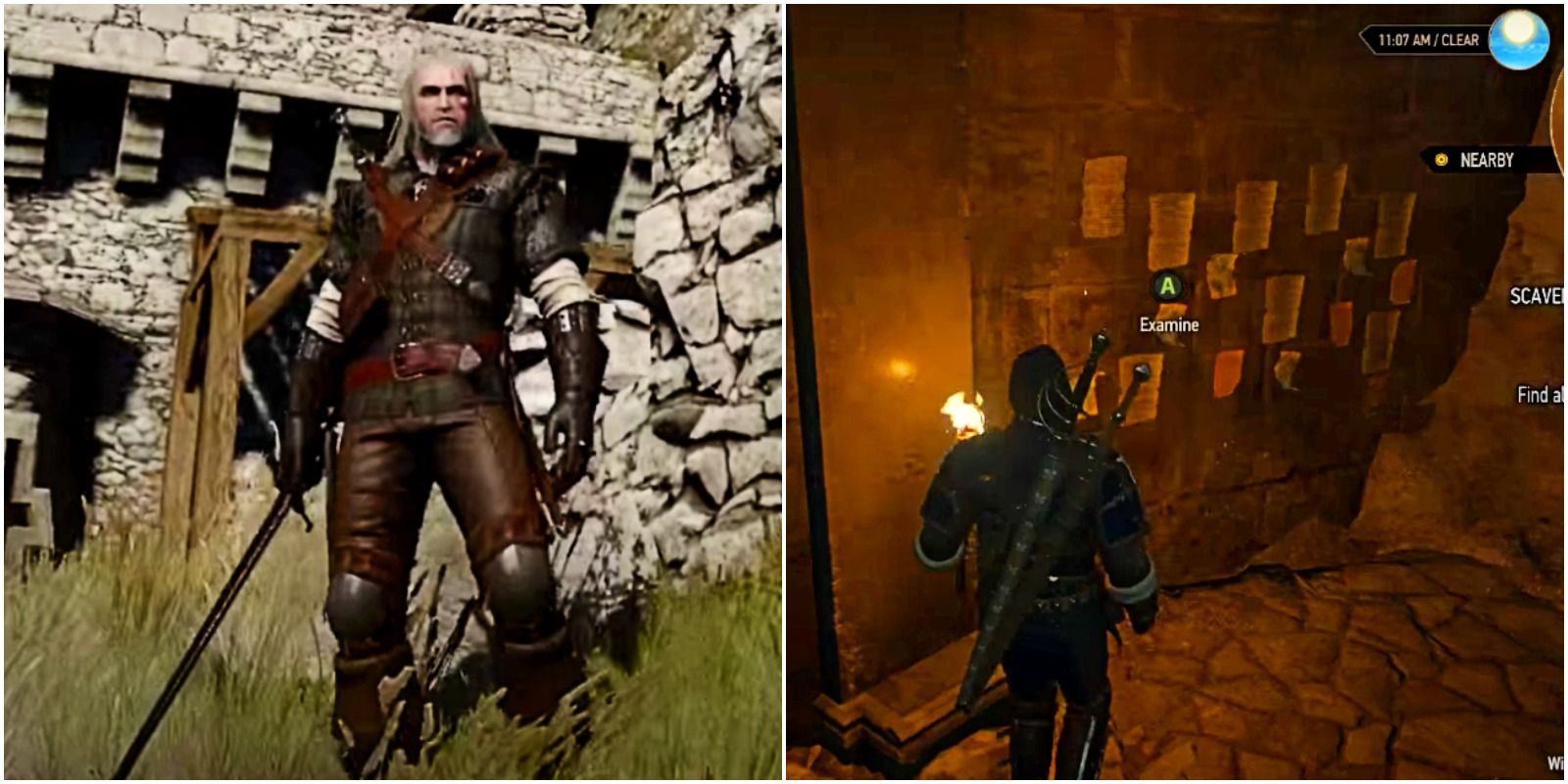 geralt wearing the legendary manticore set and him finding the diagram for a piece of it.