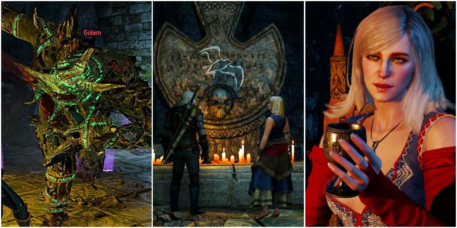 a golem, a hidden room with geralt and keira, and keira metz with a goblet.
