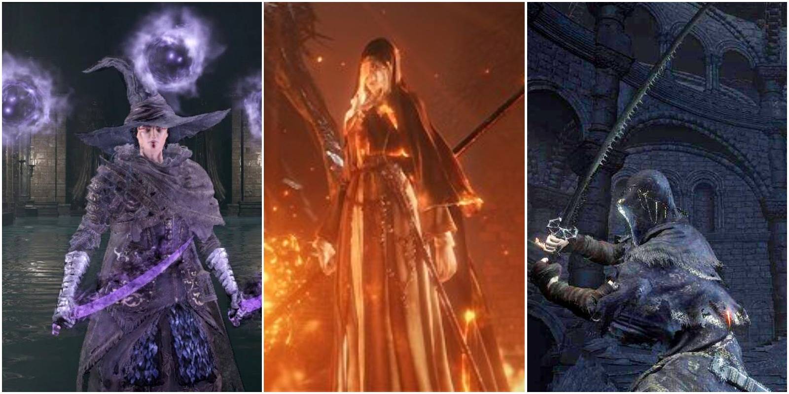 dark magic build, sister friede in fire, and player holding a katana.