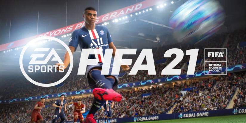 FIFA 21 logo over soccer player shooting goal