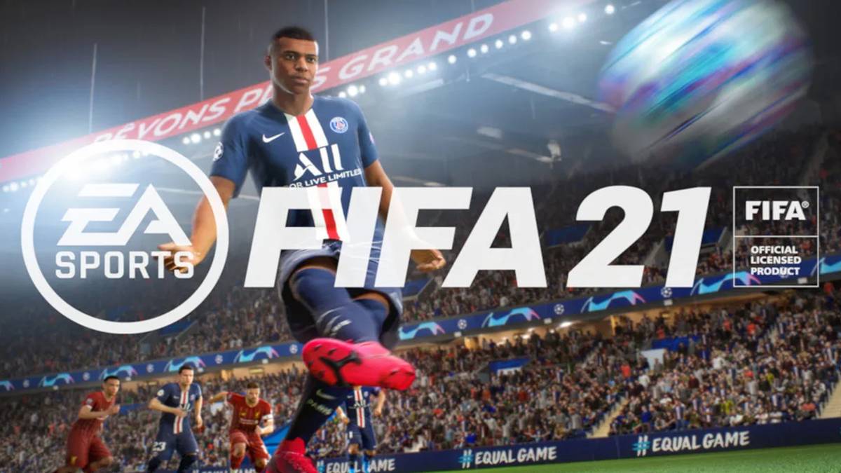 FIFA 21 logo over soccer player shooting goal