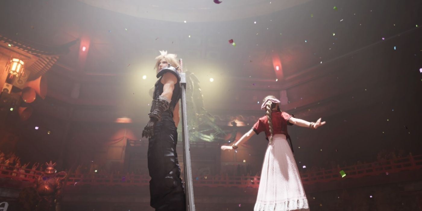 final fantasy 7 remake cloud and aerith celebrate after defeating hell house