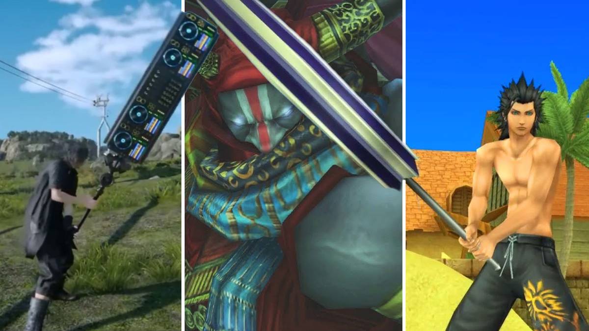 Noctis wield the Afrosword, Gilgamesh from Final Fantasy XII and Zack wields the Parasol