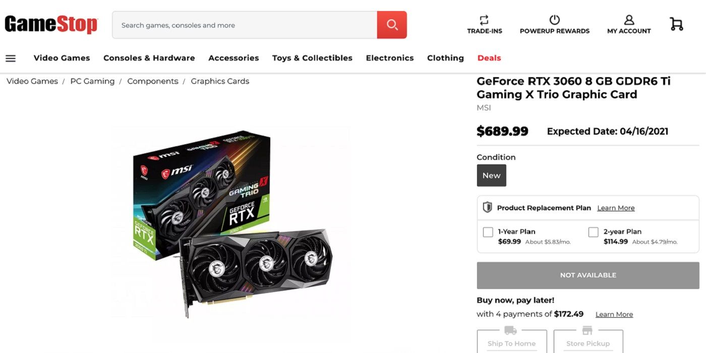 Screenshot from GameStop website showing an Nvidia GPU card for sale.