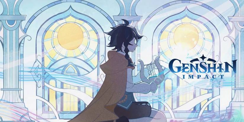 Genshin Impact Barbatos in front of yellow and blue windows holding harp