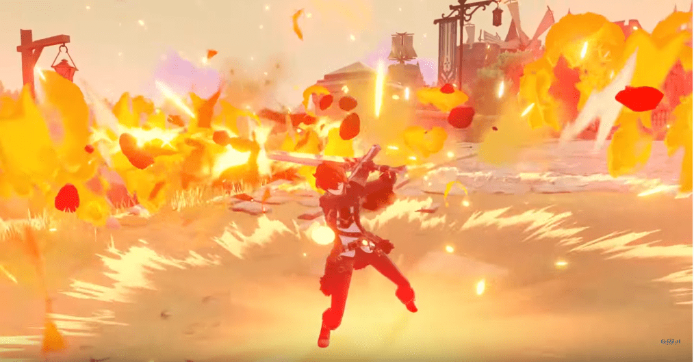 Genshin Impact Diluc smashing into the ground with powerful fire attack