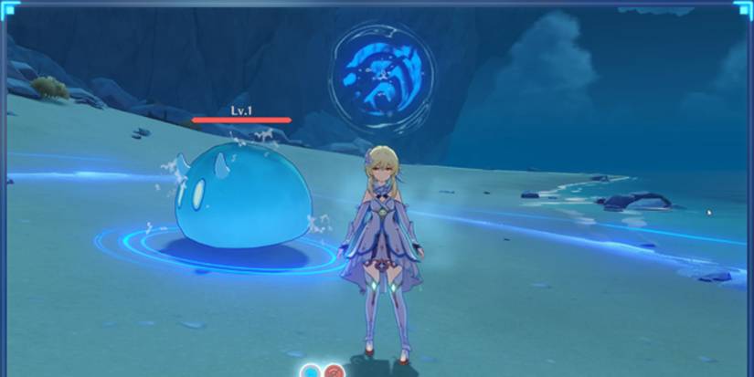 Genshin Impact female traveller with the wet status effect and water jelly enemy behind her