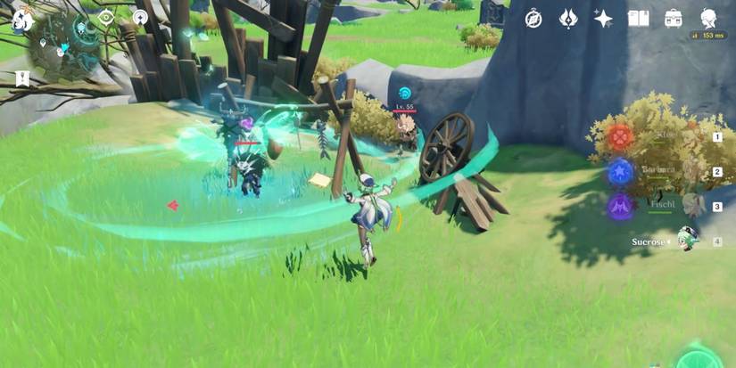 Genshin impact character activating swirl ability on enemy green swirls of magic