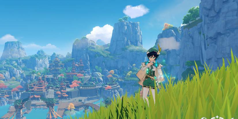 Genshin Impact Venti standing in grass playing harp with Monstadt in the distance