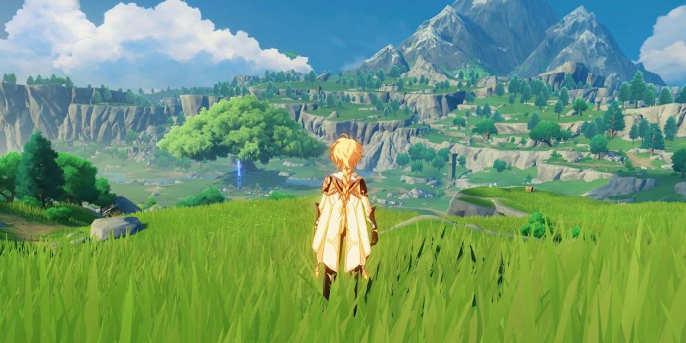 Genshin Impact character looking out at mountain in the distance in grassy field