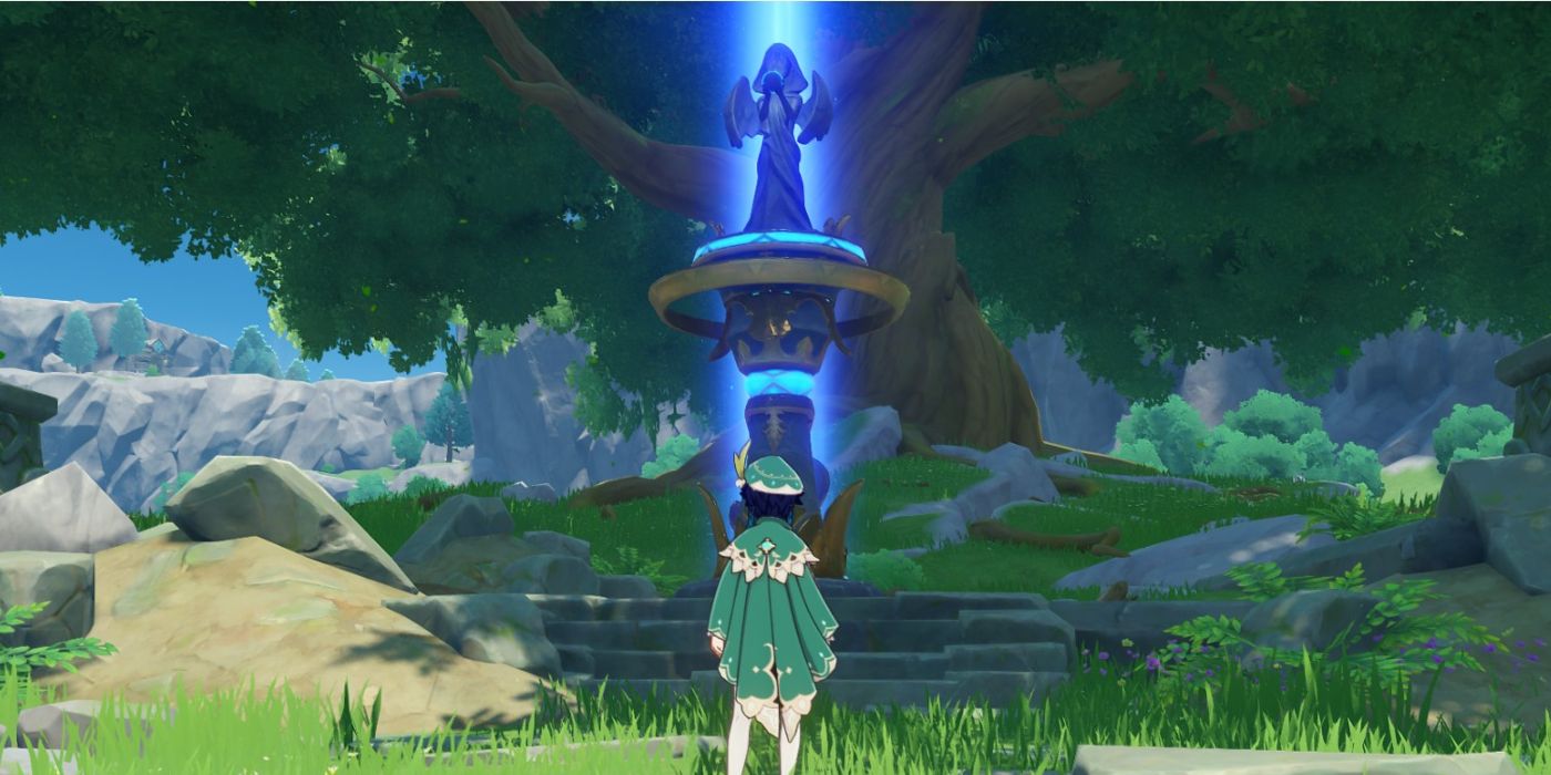 Genshin impact Venti in front of statue of seven under giant tree