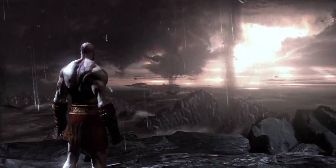 God of War's Kratos surveys the extent of the damage that he has caused