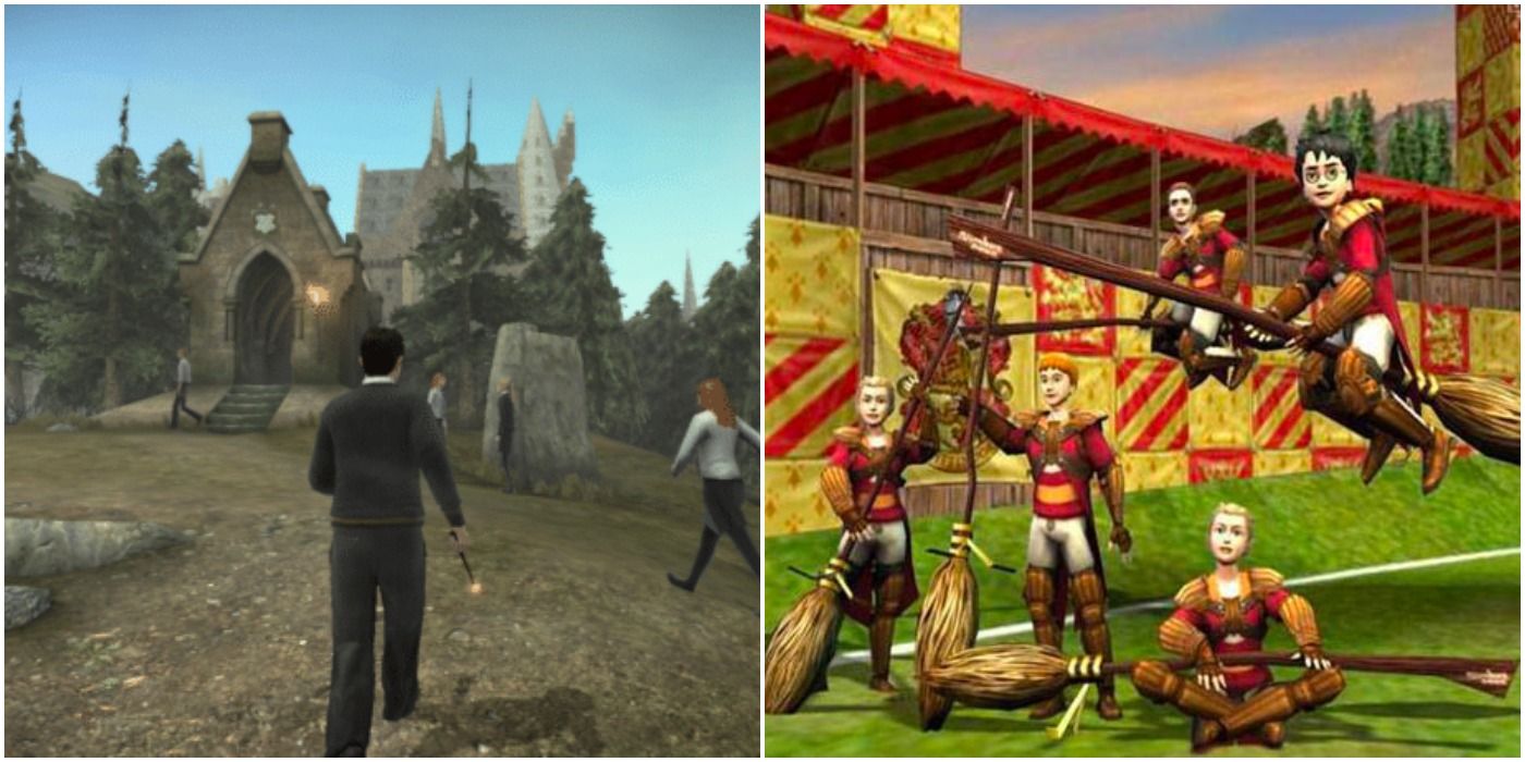 (Left) Harry running around castle grounds (Right) Gryffindor team celebrating