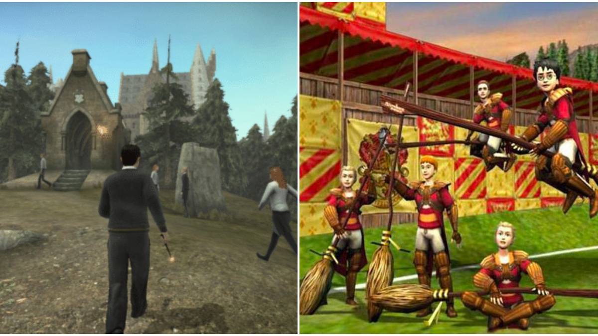 (Left) Harry running around castle grounds (Right) Gryffindor team celebrating