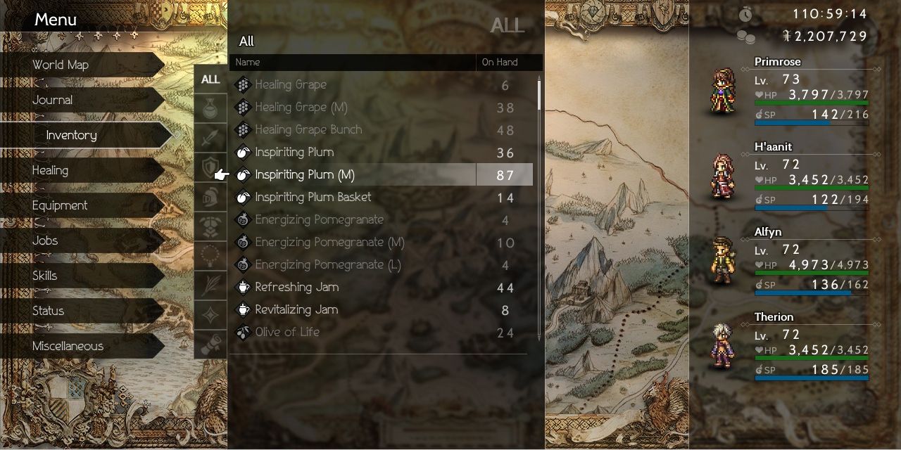 Inventory in Octopath Traveler, showing healing items