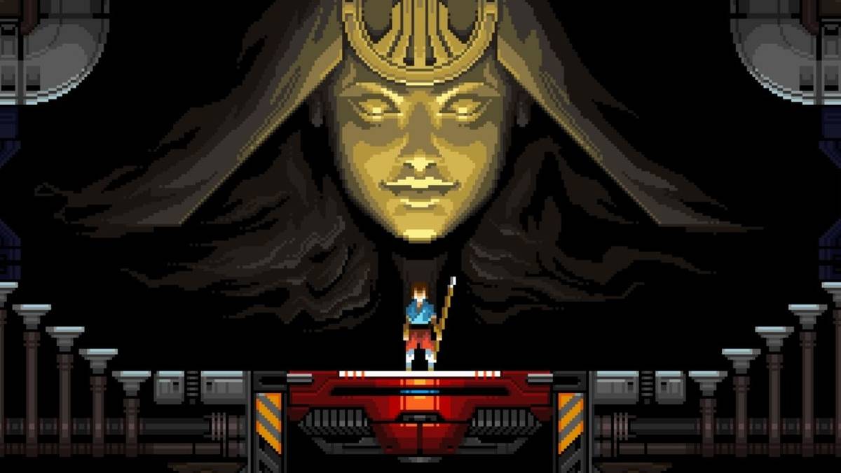 pixel art, woman standing beneath huge statue face of another woman