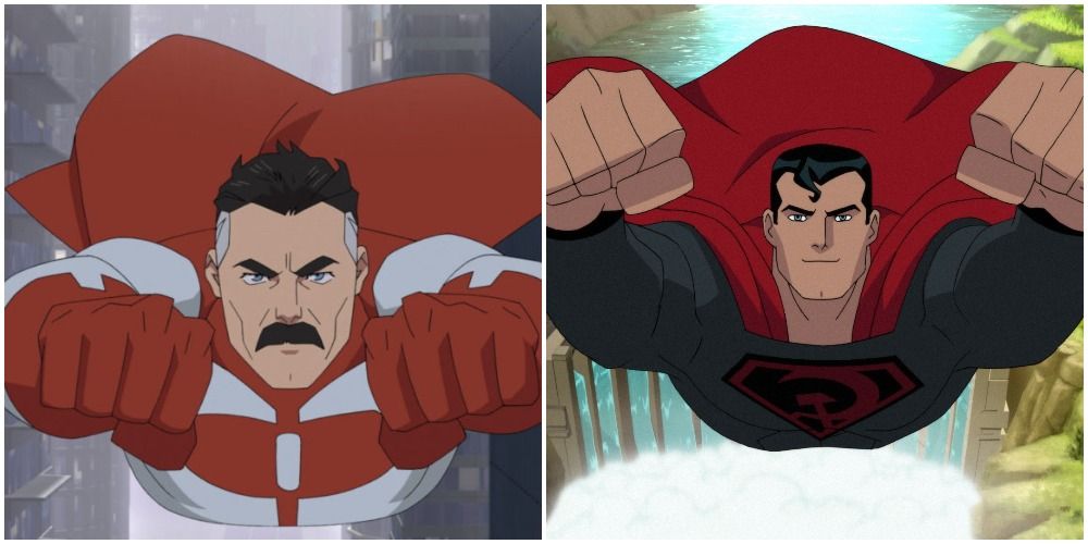 Омни-Мэн в фирменном бело-красном костюме летит по городу. Справа: Супермен в черно-красном костюме Красного Сына летит над тропической местностью.