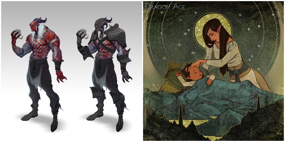 Split image of qunari and a elf singing to her baby.