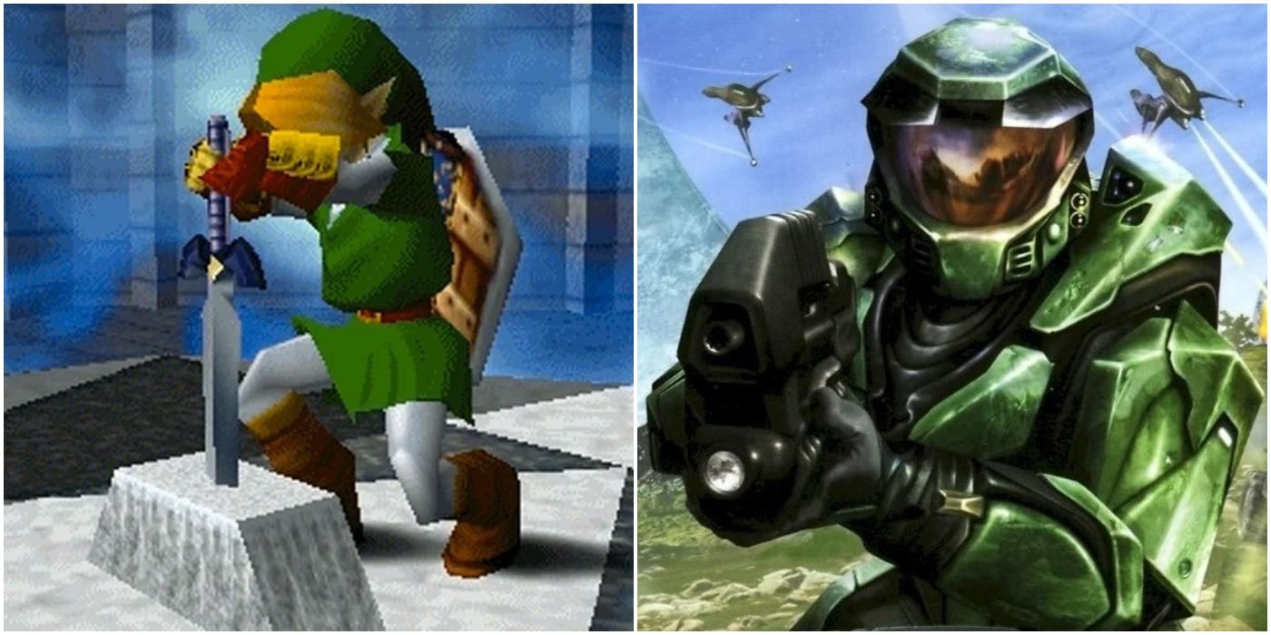 (Left) Link placing Master Sword (Right) Promotional image of Master Chief from Halo: Combat Evolved