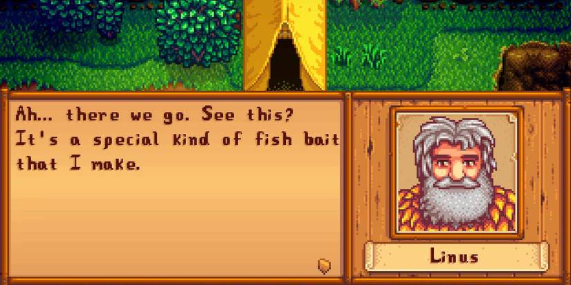 Linus teaching the player to make wild bait