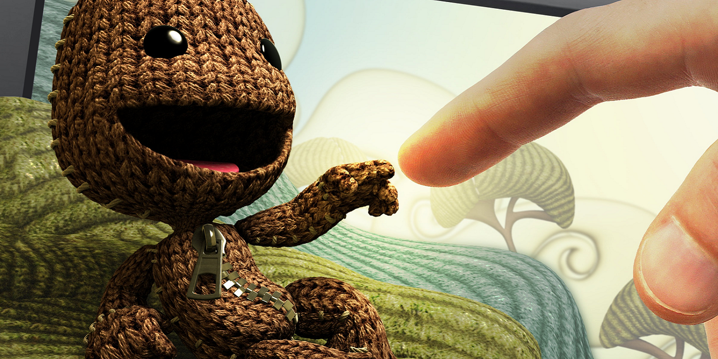 Littlebigplanet's Sackboy character posing in a similar way to Michaelangelo's Creation of Man painting.