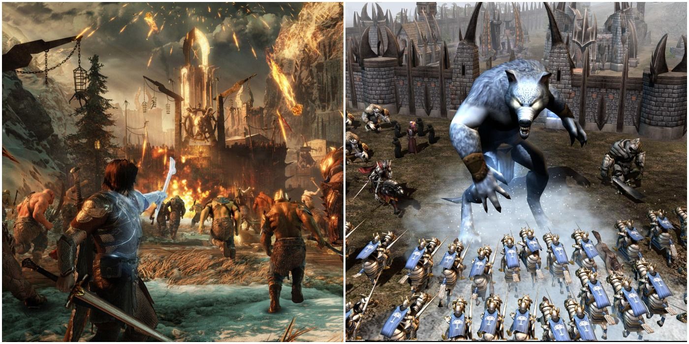(Left) Shadow of War, storming castle (Right) Army fighting a beast on horseback