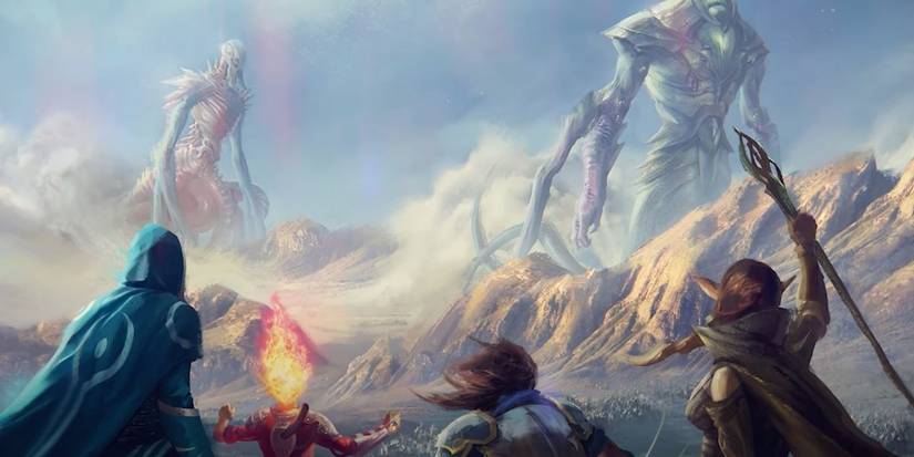 magic legends artwork of planewalkers facing giants