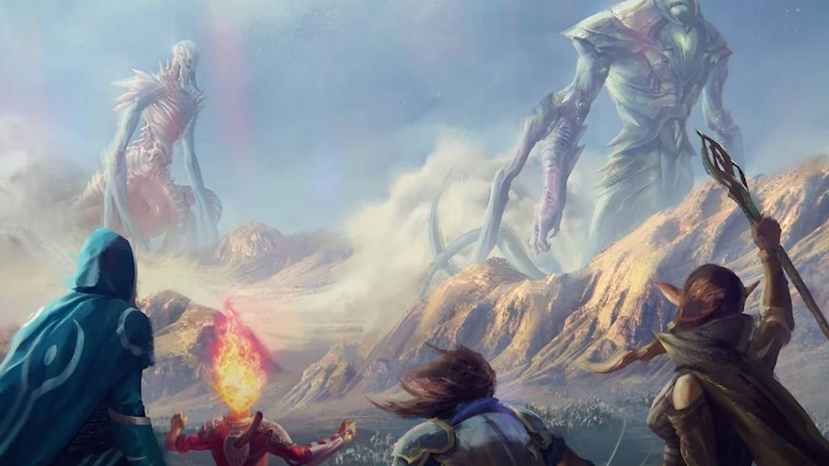 magic legends artwork of planewalkers facing giants